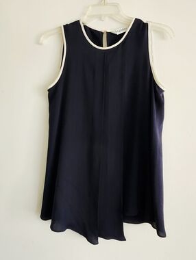 MAX MARA | Asymmetrical Sleeveless Navy Shift Top with Ivory Trim | Small